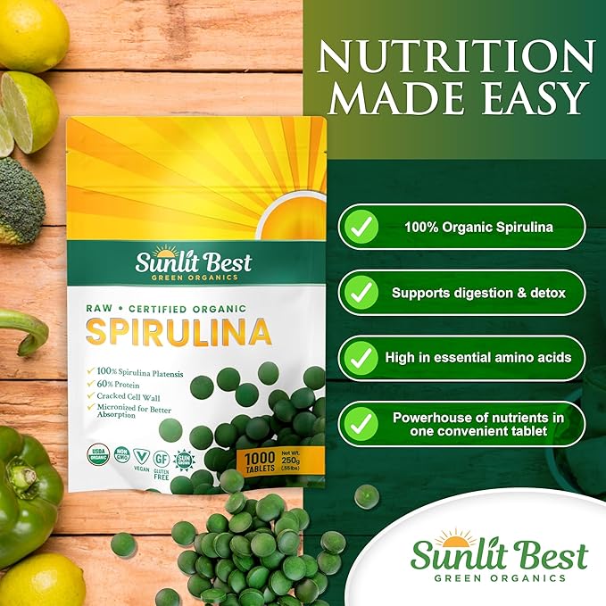 Sunlit Best - USDA Organic Spirulina Tablet - Natural Super Greens Supplements for Immune Support, Gut Health & Boost Energy Tablets with Chlorophyll, Vegan & High Protein Non GMO, 1000 Superfood Tabs