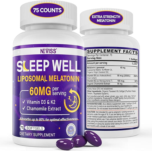 NEVISS 1Pack 60mg Melatonin Liposomal for Adults, High Dose Deep Rest & Brain Cognition, Extra Strength with Vitamin D3, K2, Chamomile for Sound Zzz Cycle, Power Antioxidant, 75 Softgels