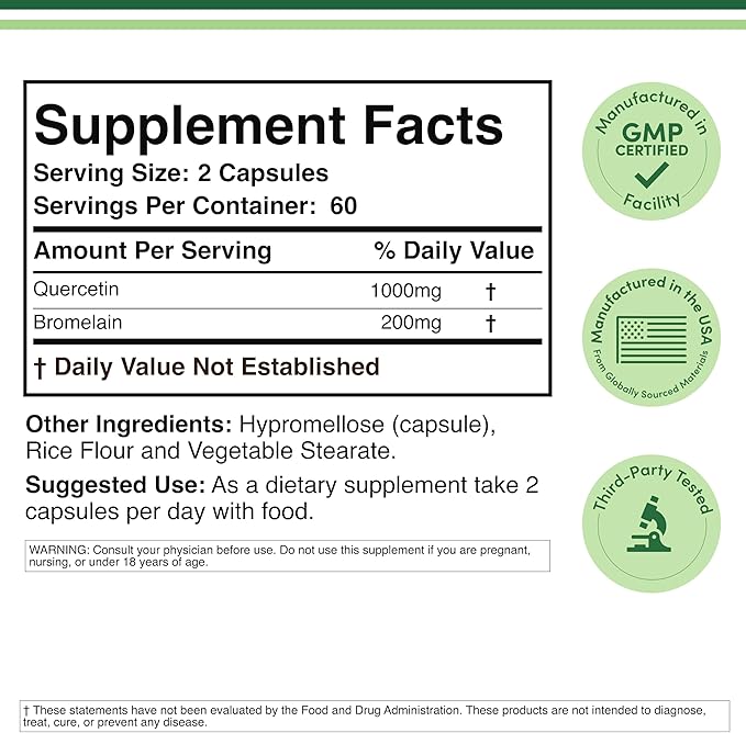Quercetin with Bromelain - 120 Count (1,200mg Servings) Immune Health Capsules - Supports Healthy Immune Functions in Men and Women (Vegan Safe, Third Party Tested, Gluten Free) by Double Wood
