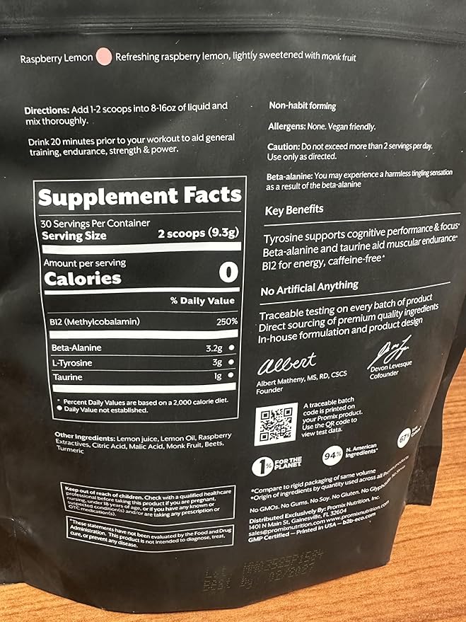 ProMix Nutrition Stim-Free Pre-Workout Powder, Raspberry Lemon - 274g - Maximize Focus, Energy & Performance - Vitamin B12, Taurine, Beta-Alanine & L-Tyrosine - 30 Servings (Pack of 1)