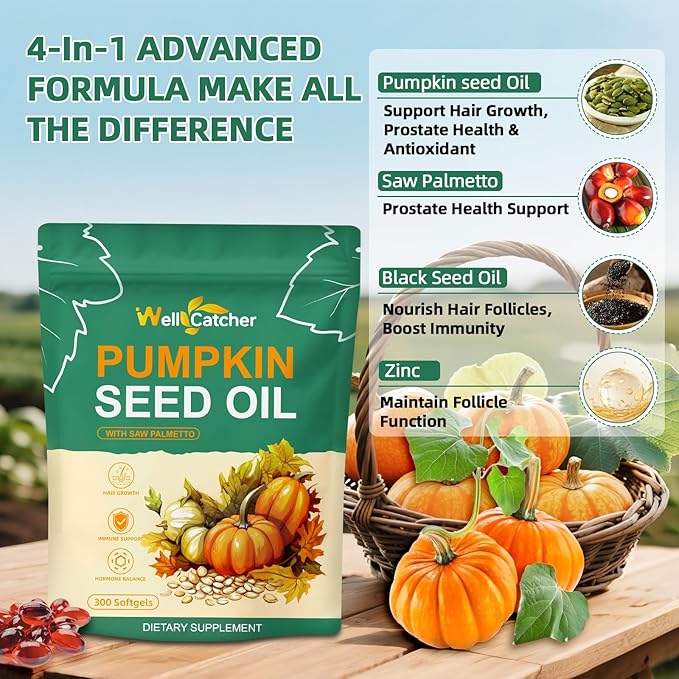 Pumpkin Seed Oil with Saw Palmetto Softgels: Organic 3000mg Pumpkin Seed Oil Capsules Cold Pressed for Hair Growth Bladder & Prostate Health Support with Black Seed Oil Zinc Per Serving 100 Servings