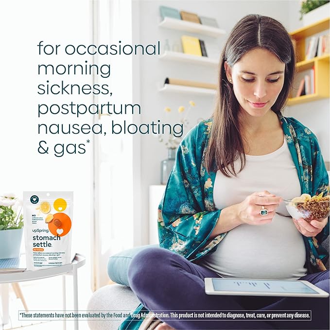 UpSpring Stomach Settle for Moms Drops for Occasional Morning Sickness with Ginger, Lemon, Spearmint, and B6. Individually Wrapped Drops, 28 Ct(Packaging May Vary)