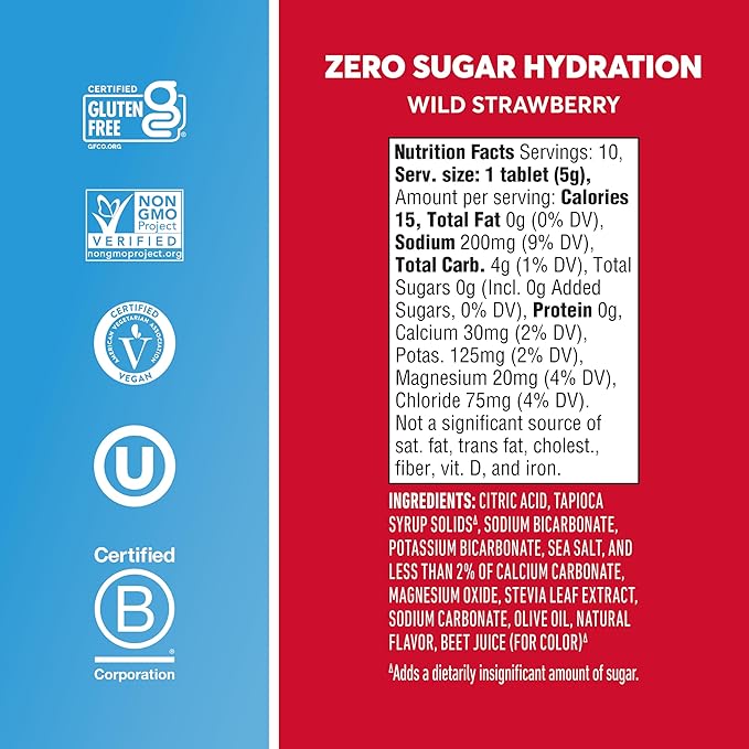 Nuun Zero Sugar Hydration Electrolyte Tablets - Sodium, Potassium, Chloride, Calcium, Magnesium, Light & Delicious Fruit Flavors, No Sugar, Gluten Free, Vegan, Wild Strawberry (10 Total Servings)