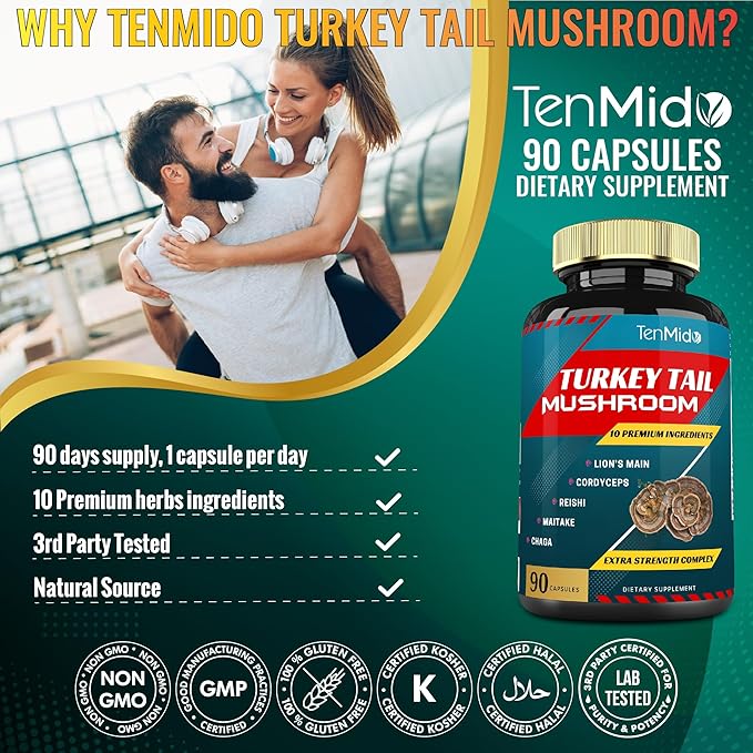 Turkey Tail Mushroom Supplement Extract with Lions Mane, Cordyceps, Reishi and More, 10 Herbs in 1 | Improves Digestive Function, Supports Immune System, 3 Months Supply