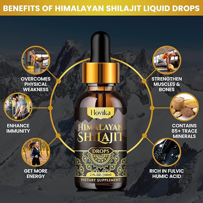 Himalayan Shilajit Resin Liquid Drops, Pure Organic Himalayan Shilajit Resin 600mg with Ayurvedic Blend & 85+ Trace Minerals & Fulvic Acid for Brain Booster & Energy Immune Support, 2 Fl Oz
