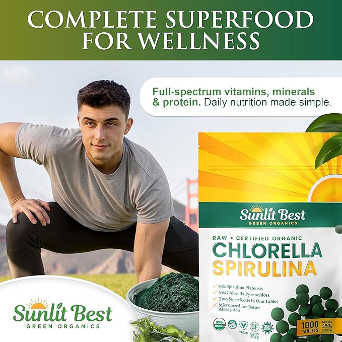 Sunlit Best Chlorella Spirulina Tablets - Organic USDA, Premium Spirulina and Chlorella Tablets 1000 Count - Sun Chlorella Pure Natural Superfood with Algae, Enzymes Chlorophyll & Vegan Protein
