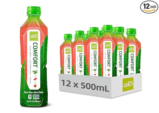ALO Aloe Vera Juice Drink | COMFORT - Watermelon + Peach | 16.9 fl oz, Pack of 12 |Plant-Based Drink with Real Aloe Pulp