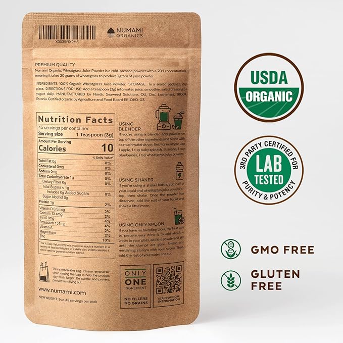 Numami Organic Wheatgrass Juice Powder - 100% Water Soluble, Grown in USA and USDA Certified Organic, 20 Times More Concentrated Than Raw Wheatgrass
