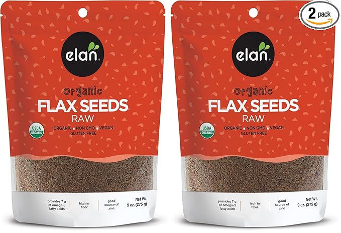 Elan Organic Flax Seed, 9.7 oz, Whole Seeds, Raw Seeds, Non-GMO, Vegan, Gluten-Free, Kosher, High in Fiber, Gels Easily (Pack of 2)