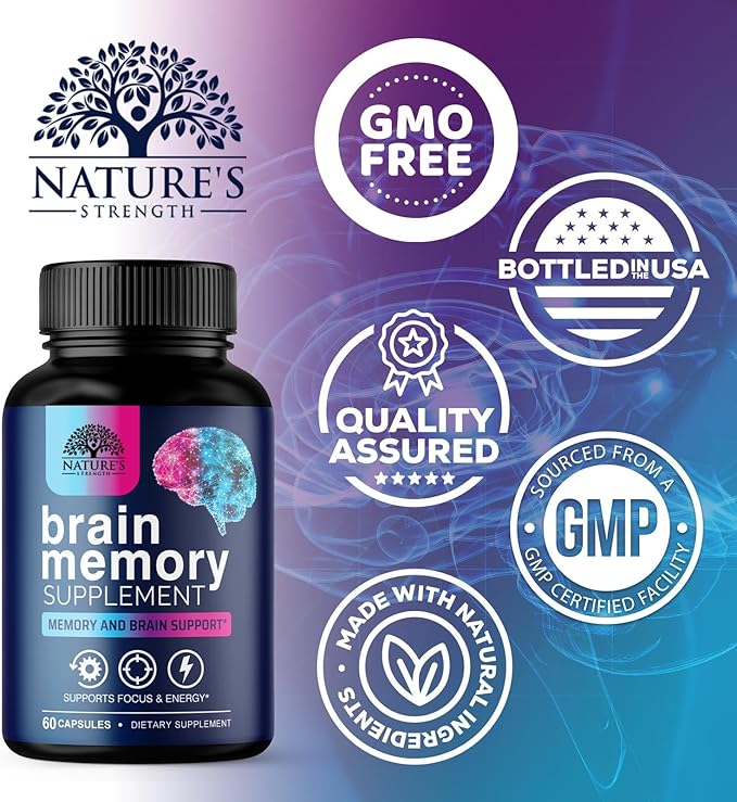 Brain Memory Supplement Pills - Nootropics Support for Concentration, Clarity, Alertness & Focus - Brain Health with Bacopa, Cognitive Vitamins, Phosphatidylserine, DMAE - Brain Booster - 60 Capsules