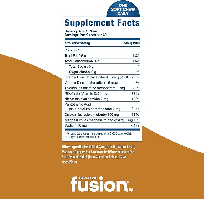 Bariatric Fusion Bariatric Calcium Supplement Chews | Calcium Citrate with Vitamin D3 Bariatric Vitamin | Sugar Free Chewable | 500mg | Vanilla | 60 Count
