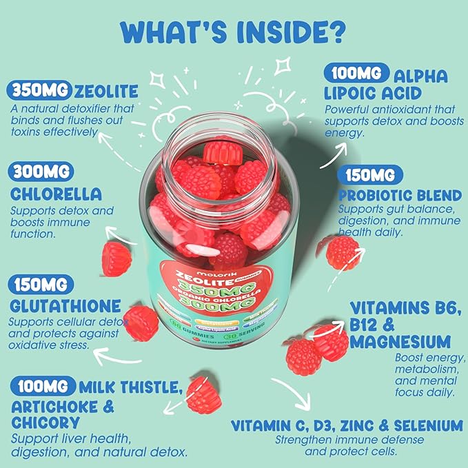 Zeolite Detox for Kids & Adults, 350mg Zeolite Gummies with 300mg Organic Chlorella, Glutathione, Probiotic & Vitamin D3, E, C, B6, B12 for Immune & Gut Support, Apple Gummies, 30 Serving