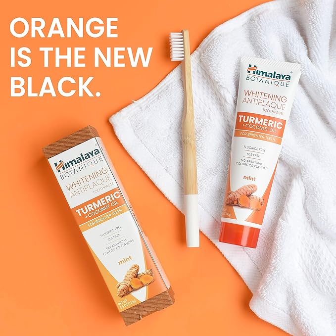 Himalaya Botanique Turmeric & Coconut Oil Whitening Antiplaque Herbal Toothpaste, Whitens Teeth, Fluoride Free, No Artificial Flavors, SLS Free, Vegan, Cruelty Free, Foaming, Mint Flavor, 4 Oz, 4 Pack