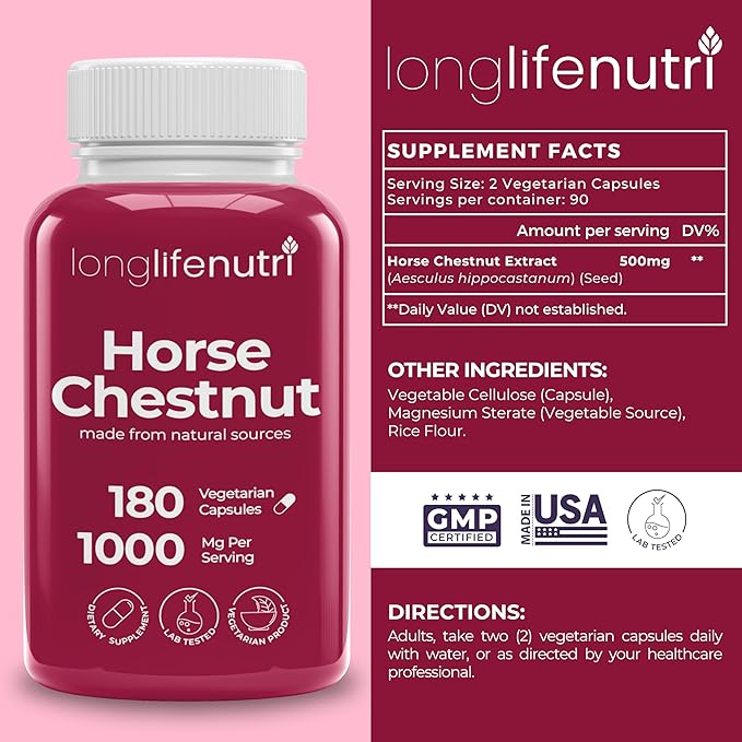 Horse Chestnut Extract 500mg - 180 Vegetarian Capsules, Organic Supplement for Daily Wellness & Circulation, 3-Month Supply, GMP Certified, Made in USA