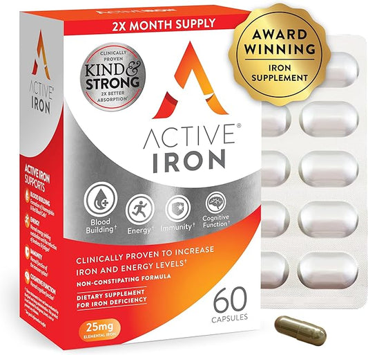 Iron Supplement 25mg – Clinically Proven to Increase Iron & Energy Levels – Gentle, Non-Constipating, Highly Absorbed – 60 Capsules