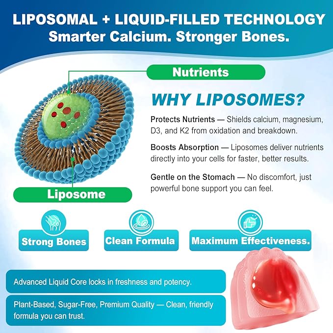 Sugar Free Calcium Gummies 1000 Mg Liposomal Liquid Form for High Absorption - Algae Calcium Supplements for Women, Men W/Vitamin D3 K2, Magnesium Glycinate, Zinc, Boron, Silica for Bone Health