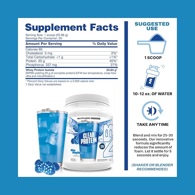 NutraBio Clear Protein Powder, Blue Raspberry - 20 Servings, 20g Clear Whey Protein Isolate, 0 Sugar, 0g Lactose, Refreshing Fruit Flavors, GLP1 Support - Bone Health - Muscle Post Workout Recovery