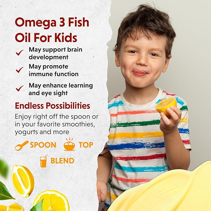 Barlean's Omega 3 Fish Oil Liquid Supplement for Kids, Chirpin' Slurpin' Lemonade, 540 mg of EPA and DHA Fatty Acid, 8 oz