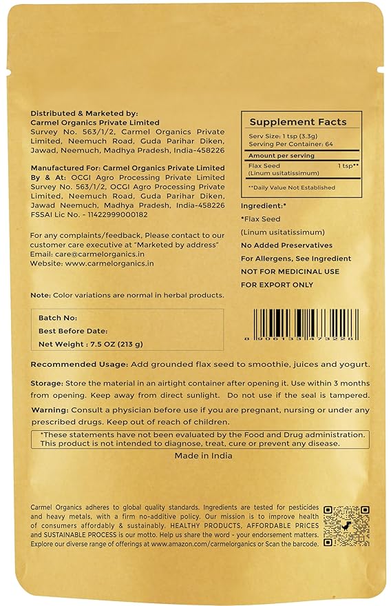 Flax Seeds Whole 7.5 Ounce, Nutrient-Rich Superfood for Smoothies, Baking & Healthy Recipes, Natural, Non-GMO, No Added Preservatives, High in Omega-3, By CARMEL ORGANICS