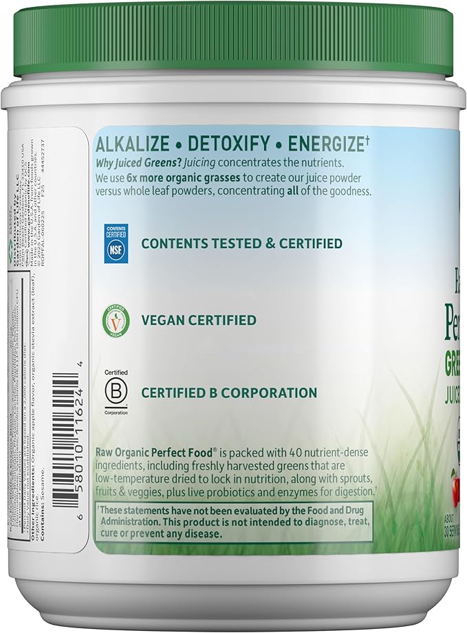 Garden of Life Raw Organic Perfect Food Green Superfood Juiced Greens Powder - Apple Flavor, 30 Servings - Vegan Gluten Free Whole Food Dietary Supplement, Greens Plus Probiotics & Enzymes