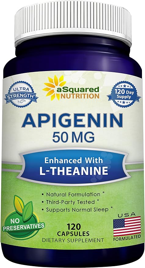 aSquared Nutrition Apigenin 50mg & L-Theanine 200mg - 120 Capsules - Apigenin Supplement Pills for Sleep and Relaxation - Natural Bioflavonoid Extract Found in Chamomile Tea