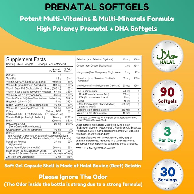 Halal Prenatal Vitamins with DHA and Folic Acid | High Potency 90 Softgels, Keto-Friendly | Vitamin C 120mg, DHA 250mg, Folic Acid 800mg, EPA 90mg, Biotin & Iodine