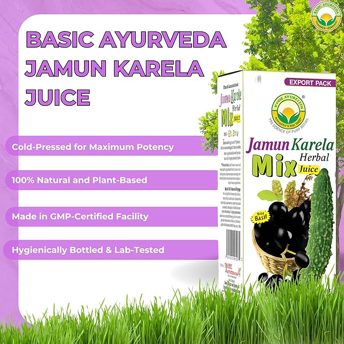 BASIC AYURVEDA Jamun Karela Herbal Mix Juice | Made with Indian BlackBerry & Bitter Gourd | Natural Herbal Blend for Skin & Eye Care | Supports Oral Health & Cleansing | 16.23 Fl Oz (480ml)