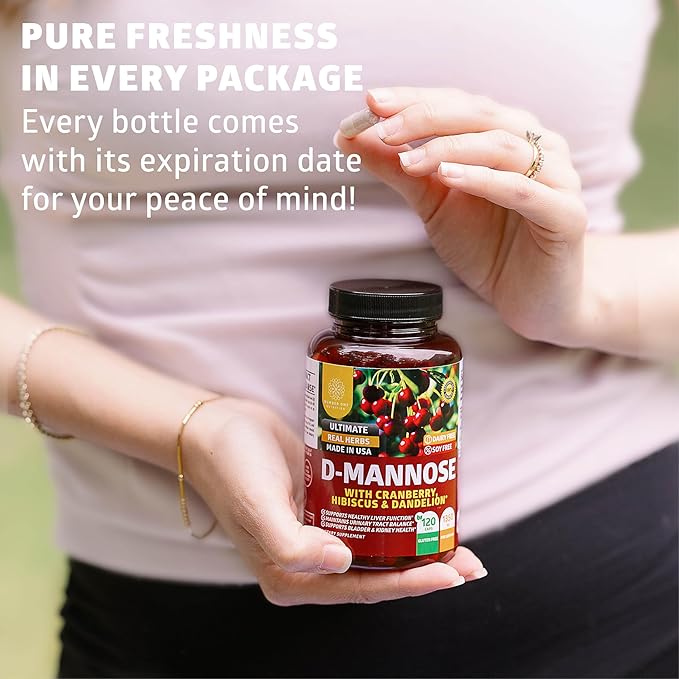 Number One Nutrition Premium D Mannose with Cranberry and Hibiscus [Max Strength, 1350mg] 120 Capsules