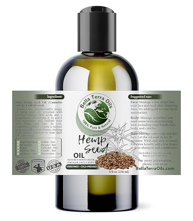 Bella Terra Oils - Hemp Seed Oil 8 oz - Cold-Pressed & Nutrient-Rich, Infused with Phytosterols, Potassium & Calcium for Skin & Hair Care