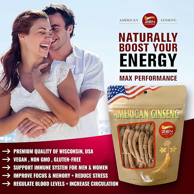 Zen Ginseng - 4 oz Bag of American Wisconsin Ginseng Root - Non-GMO, Gluten Free. Add This Ginseng in Soup, Tea, Coffee, juices, Smoothies and Baking (Small Long Root 4 oz Bag)