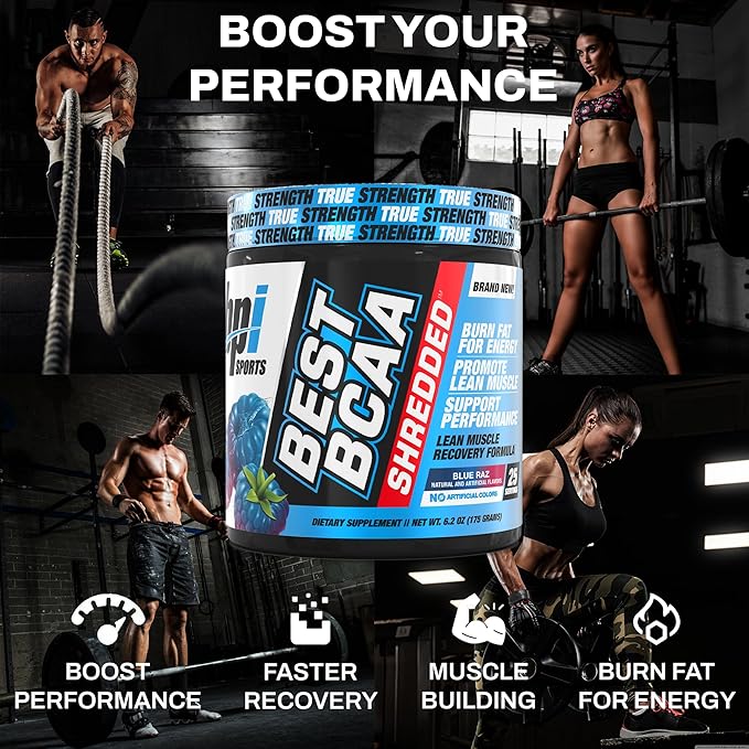 BPI Sports Best BCAA Shredded - Caffeine Free Thermogenic Recovery Drink, Lean Muscle Building BCAA Powder for Women and Men, Preworkout BCAAs Amino Acids Drink- Blue Raz - 25 Servings