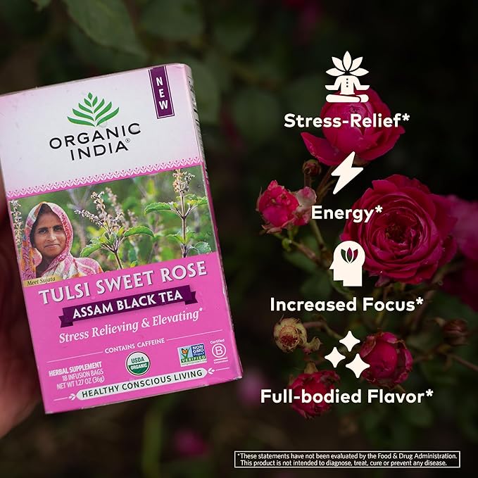 Organic India Tulsi Sweet Rose Assam Black Tea - Stress Relieving & Elevating, 17mg of Caffeine Per Cup, With Ayurvedic Herbs, Vegan, USDA Organic, Non-GMO - 18 Rose Tea Bags (Pack of 3)