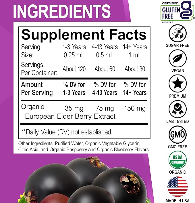Elderberry Syrup Organic Liquid Drops - Sugar Free Immune Support Supplement for Adults & Kids, Ages 1 Immune Booster - Pure Organic Elderberry Syrup Liquid Drops Tincture Extract Concentrate 1 Fl Oz