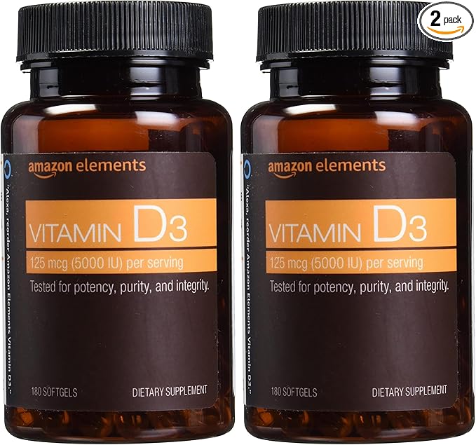 Amazon Elements Vitamin D3, 5000 IU, 180 Softgels, 6 Month Supply (Packaging May Vary), Supports Strong Bones and Immune Health (Pack of 2)