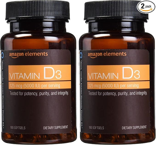 Amazon Elements Vitamin D3, 5000 IU, 180 Softgels, 6 Month Supply (Packaging May Vary), Supports Strong Bones and Immune Health (Pack of 2)