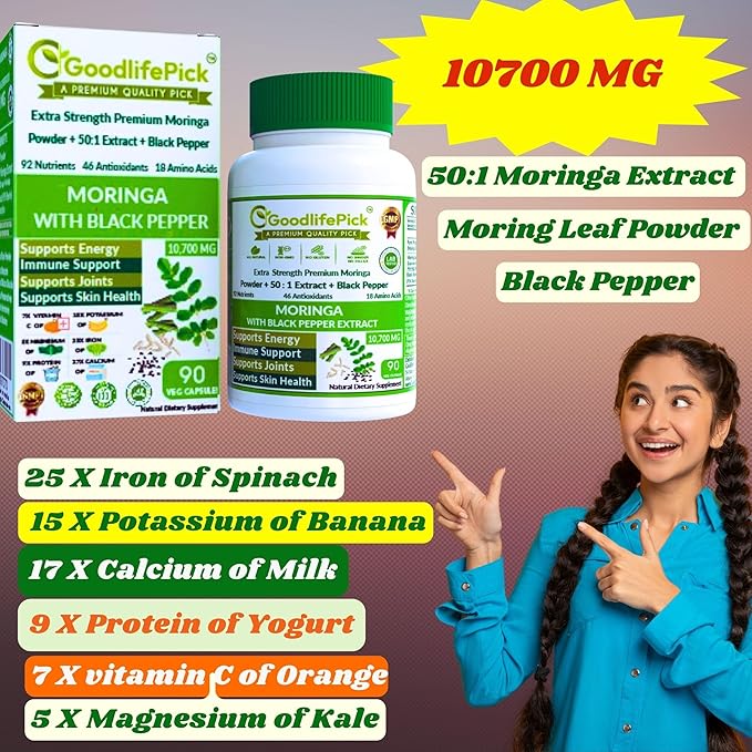 Premium Moringa Capsules. with Black Pepper from Handpicked Moringa Leaves with 50:1 Extract & Moringa Powder for Overall Wellness 90ct AllNatural NonGMO Lab-Tested No Rice Powder No Filler Vegan