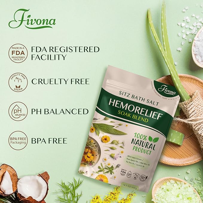 Fivona Sitz Bath Soak Blend for Hemorrhoids and Postpartum Recovery - Epsom Salt and Essential Oils Soaking Mix - 14.1 oz - Natural Care for Fissures and Bartholin Cysts