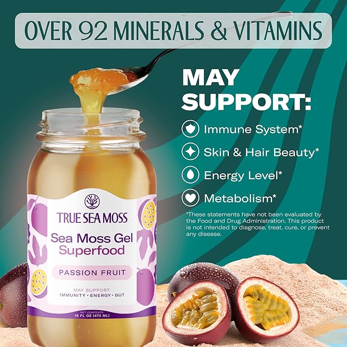 TrueSeaMoss Sea Moss Gel – Made in USA – Wildcrafted Seamoss, Fresh Fruits & Sea Vegetables – Passion Fruit, Pack of 2 (Labels May Vary)