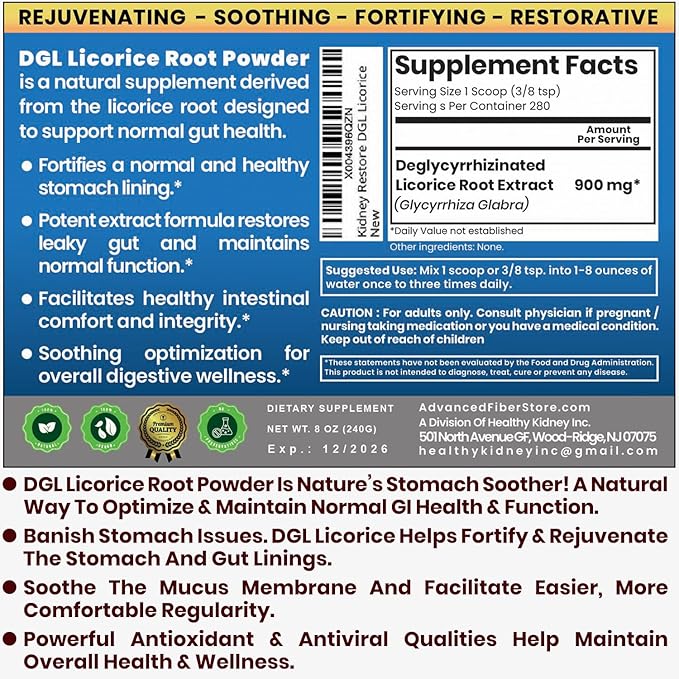 DGL Licorice Supplement: Supports Digestive Health, Gut Lining Support, DGL Powder for Wellness, Licorice Root Extract Powder, 140 serv.