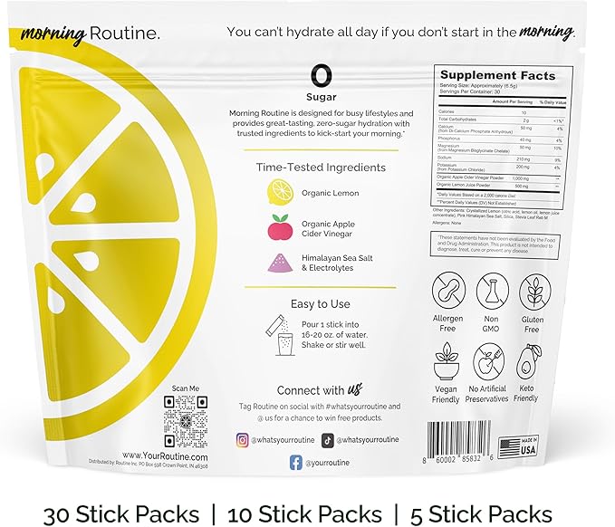 ROUTINE Morning Daily Hydration | Electrolyte Powder Packets with Apple Cider Vinegar, Lemon, and Sea Salt | Keto & Paleo-Friendly Electrolyte Drink Mix (30 Pack)