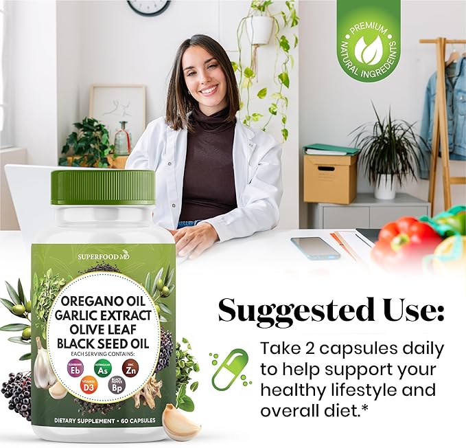 Oregano Oil, Garlic Extract, Olive Leaf, Black Seed Oil, Astragalus-Immune Support & Digestive Health Supplement for Women and Men- 120 Count
