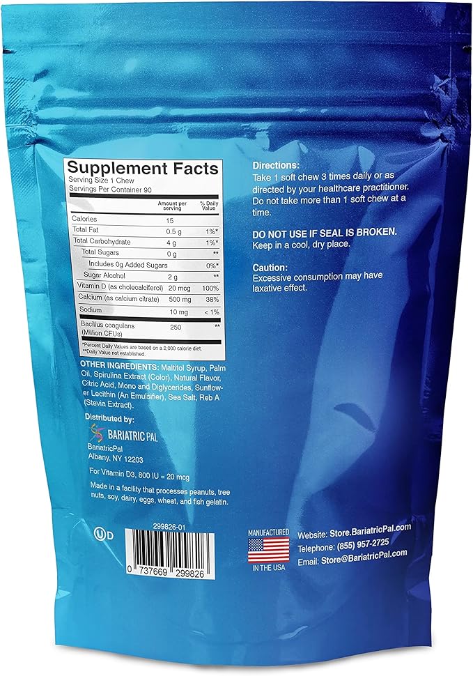 BariatricPal Sugar-Free Calcium Citrate Soft Chews 500mg with Probiotics (90 Count) - Blue Raspberry