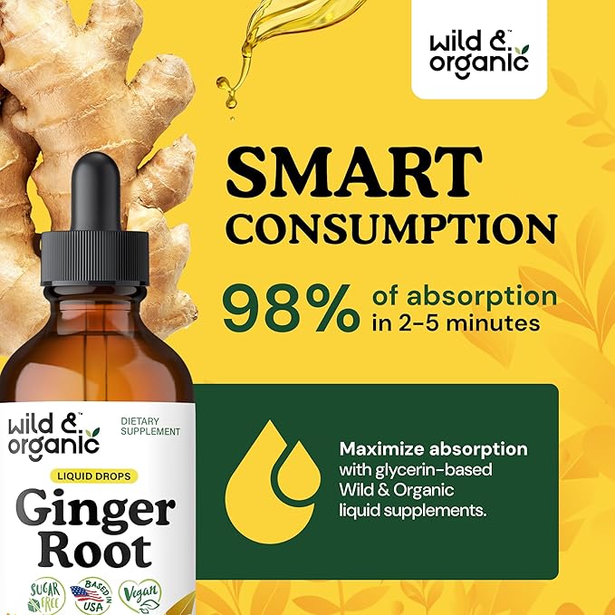 Wild & Organic Ginger Root Extract Drops - Immune & Digestive Support - Liquid Ginger Supplements - Vegan, Sugar & Alcohol-Free Tincture - 4 fl oz