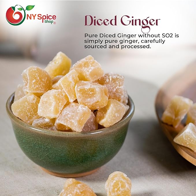 NY SPICE SHOP Pure Diced Ginger Bites Without SO2 – (16 Oz.) 1 Pound Natural and Sweet Crystallized Ginger Chunks without Artificial Flavor - Simply Chewy and High Energy Snacks