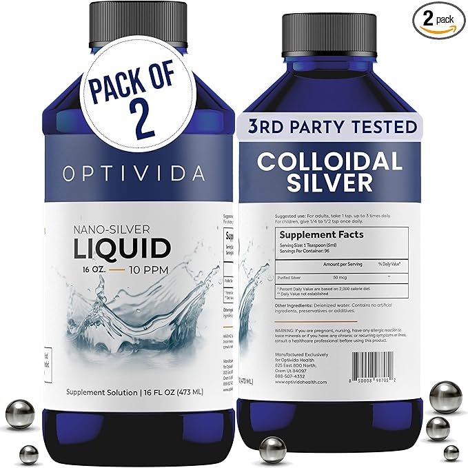 Optivida Health Nano Colloidal Silver Liquid (2 Pack) – Immune Support Supplement with Silver Hydrosol, Liquid for Immune System Support, Colloidal Silver for Adults & Kids, Non-GMO, Gluten-Free