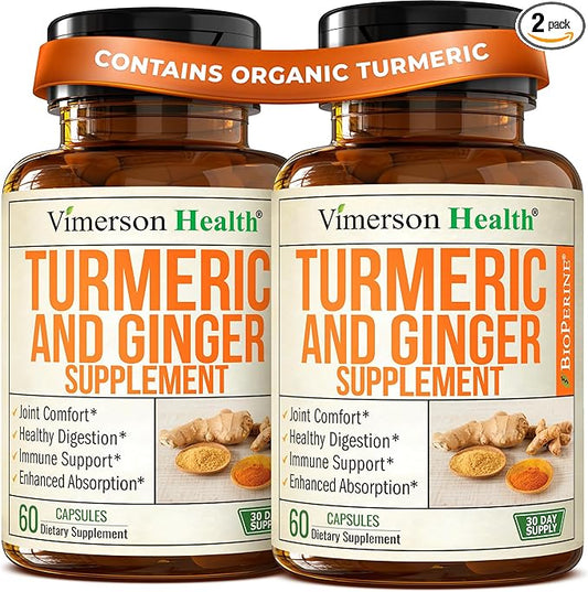 Turmeric Curcumin Supplement with Ginger for Joint Support, Digestive & Gut Health - Contains Organic Turmeric Curcumin with Black Pepper (Bioperine) for Max Absorption - Ginger Root Capsules - 2 Pack