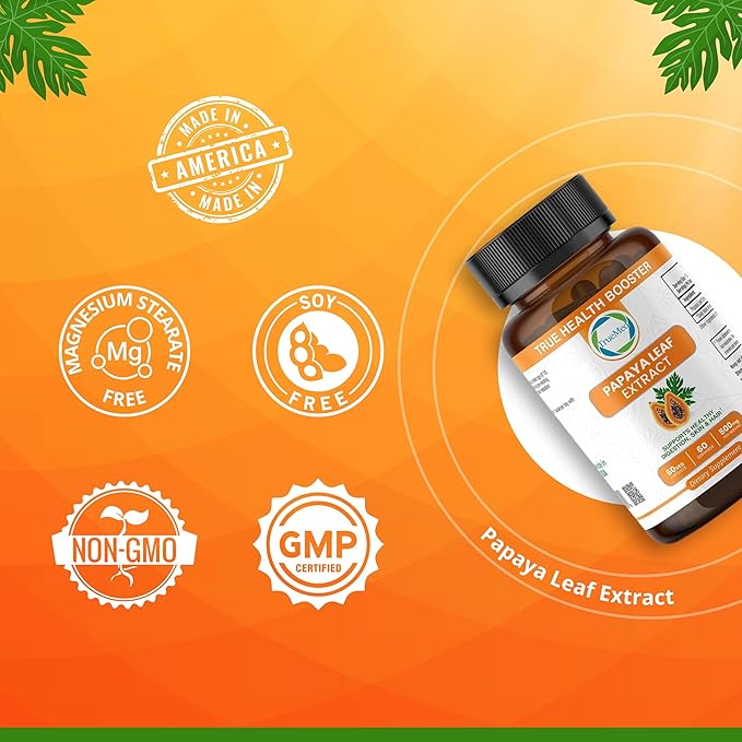Papaya Leaf Extract 500 mg for Hair, Skin with 4X Extra Strength Support Blood Platelet with 60 Capsules for 60 Days Supports Digestive Health & Natural Antioxidant