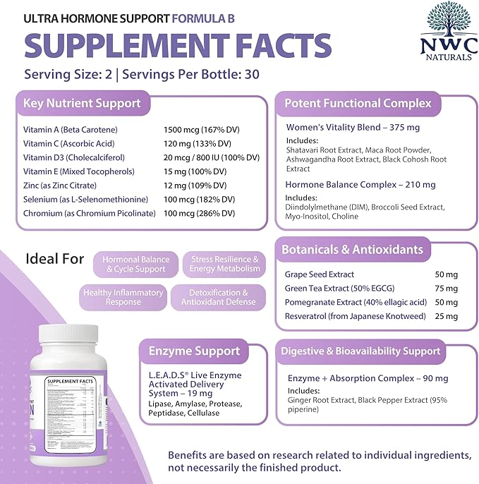 NWC Naturals Ultra-Hormone Support Formula B – Hormone Harmony for Women & Daily Hormone Balance for Women, 180 Capsules – Plant-Based Support with Organic B-Vitamins, Adaptogens & L.E.A.D.S. System