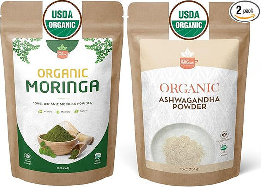 Organic Moringa & Ashwagandha Powder Bundle – 1 lb (454g) Each – USDA Organic Herbal Superfood Adaptogens for Energy, Stress Relief, Focus, Immune Support – Vegan, Non-GMO Supplement for Daily Use