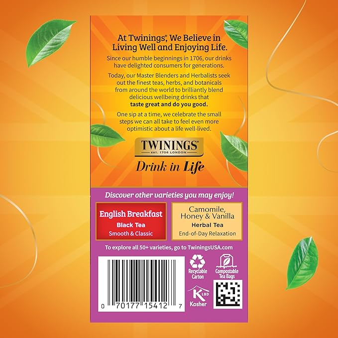Twinings Darjeeling Black Tea Individually Wrapped Bags, 20 Count (Pack of 6), Delicate Light Taste, Caffeinated, Enjoy Hot or Iced, 120 Teabags